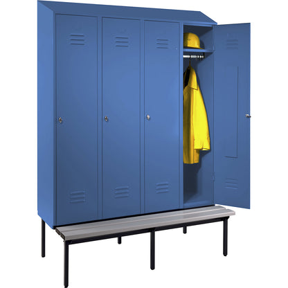 Berlin 2 clothes locker with bench seat, 4 compartments, light blue, W 1600 mm, bench fitted below, plastic, sloping roof.