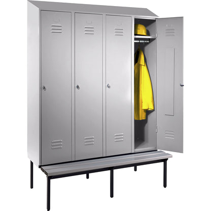 Berlin 2 clothes locker with bench seat, 4 compartments, light grey, W 1600 mm, bench fitted below, plastic, sloping roof.
