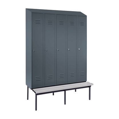 Berlin 2 clothes locker with bench seat, 5 compartments, blue grey, W 1500 mm, bench fitted below, plastic, sloping roof.
