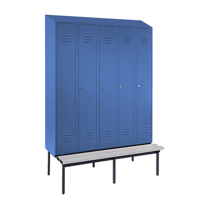 Berlin 2 clothes locker with bench seat, 5 compartments, light blue, W 1500 mm, bench fitted below, plastic, sloping roof.