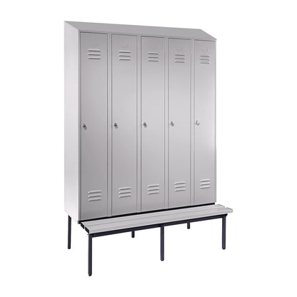 Berlin 2 clothes locker with bench seat, 5 compartments, light grey, W 1500 mm, bench fitted below, plastic, sloping roof.