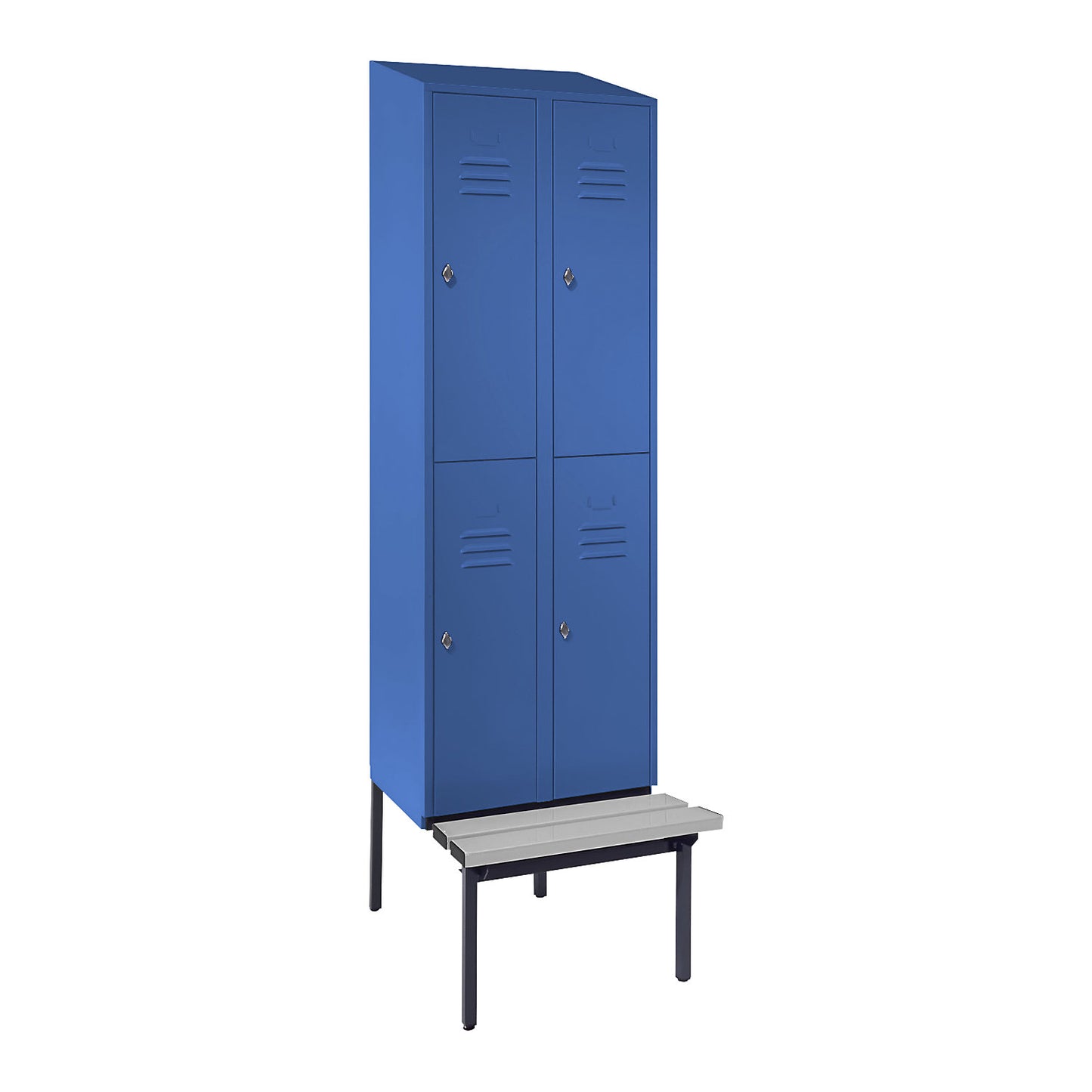 Berlin 2 double deck clothes locker with bench seat, 2 sections, light blue, width 600 mm, sloping roof shape.