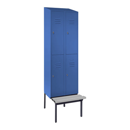 Berlin 2 double deck clothes locker with bench seat, 2 sections, light blue, width 600 mm, sloping roof shape.