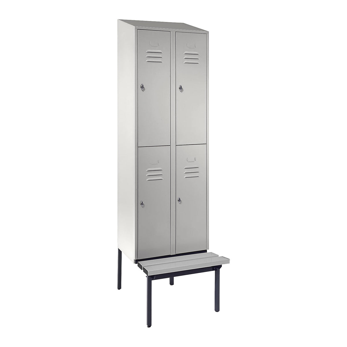 Berlin 2 double deck clothes locker with bench seat, 2 sections, light grey, width 600 mm, sloping roof shape.
