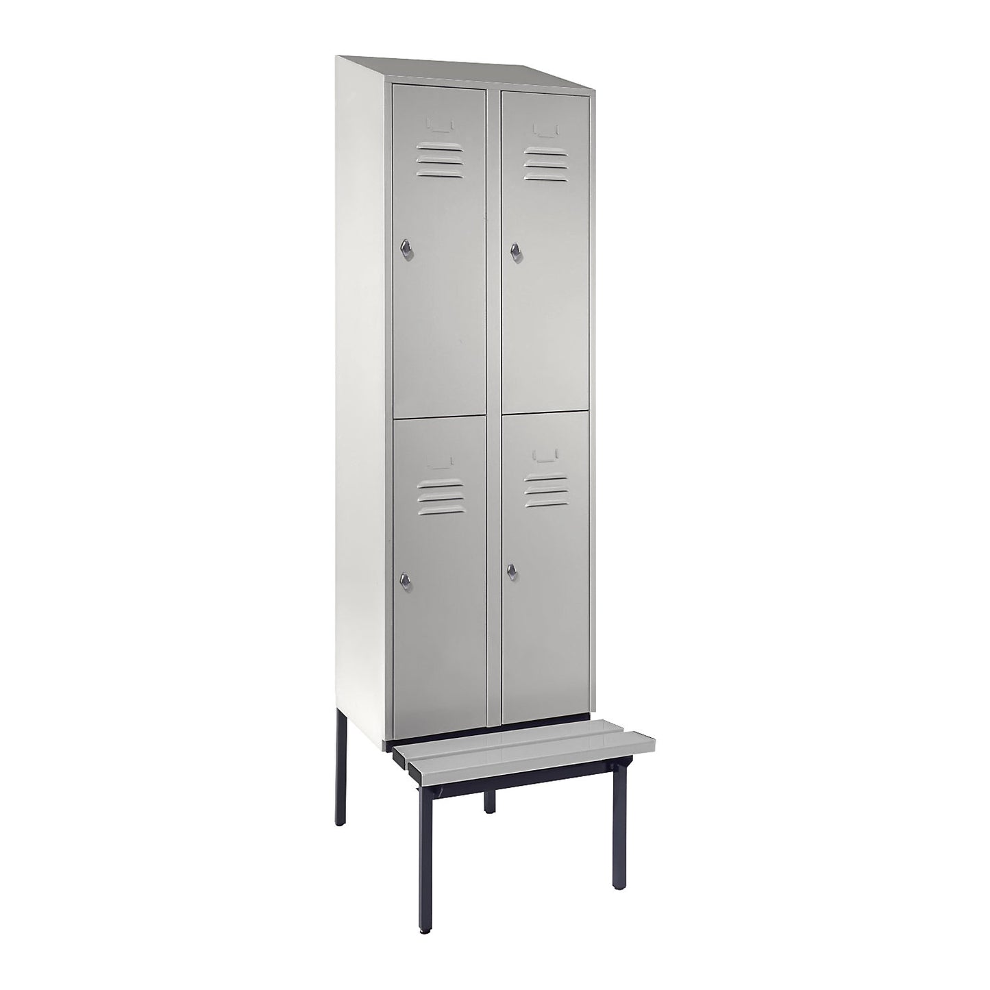 Berlin 2 double deck clothes locker with bench seat, 2 sections, light grey, width 600 mm, sloping roof shape.