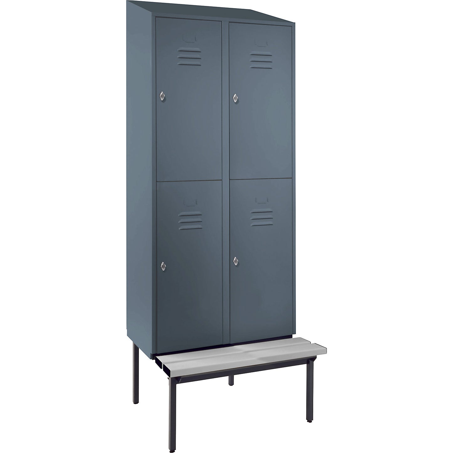 Berlin 2 double deck clothes locker with bench seat, 2 sections, blue grey, width 800 mm, sloping roof shape.