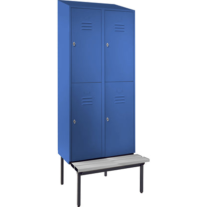 Berlin 2 double deck clothes locker with bench seat, 2 sections, light blue, width 800 mm, sloping roof shape.