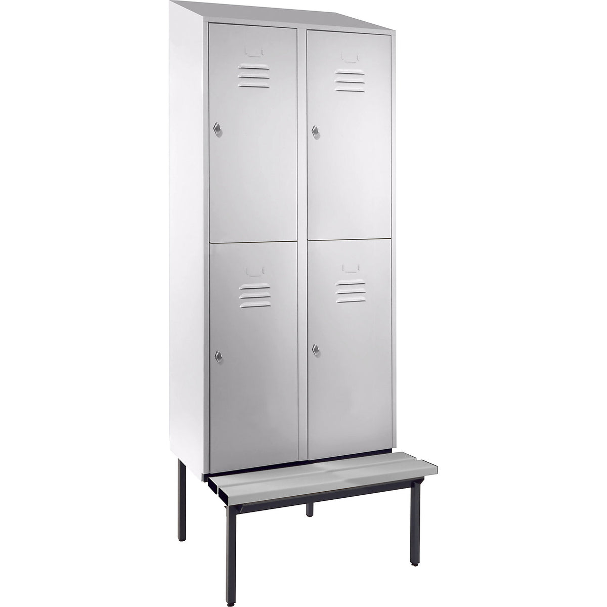 Berlin 2 double deck clothes locker with bench seat, 2 sections, light grey, width 800 mm, sloping roof shape.