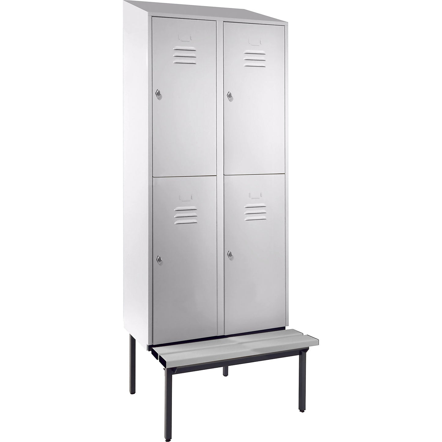Berlin 2 double deck clothes locker with bench seat, 2 sections, light grey, width 800 mm, sloping roof shape.