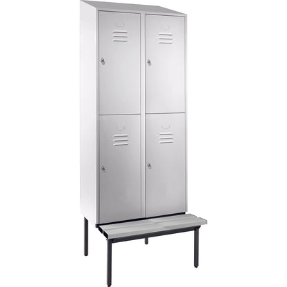 Berlin 2 double deck clothes locker with bench seat, 2 sections, light grey, width 800 mm, sloping roof shape.