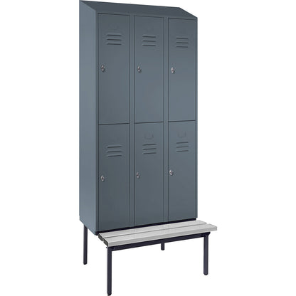 Berlin 2 double deck clothes locker with bench seat, 3 sections, blue grey, width 900 mm, sloping roof shape.