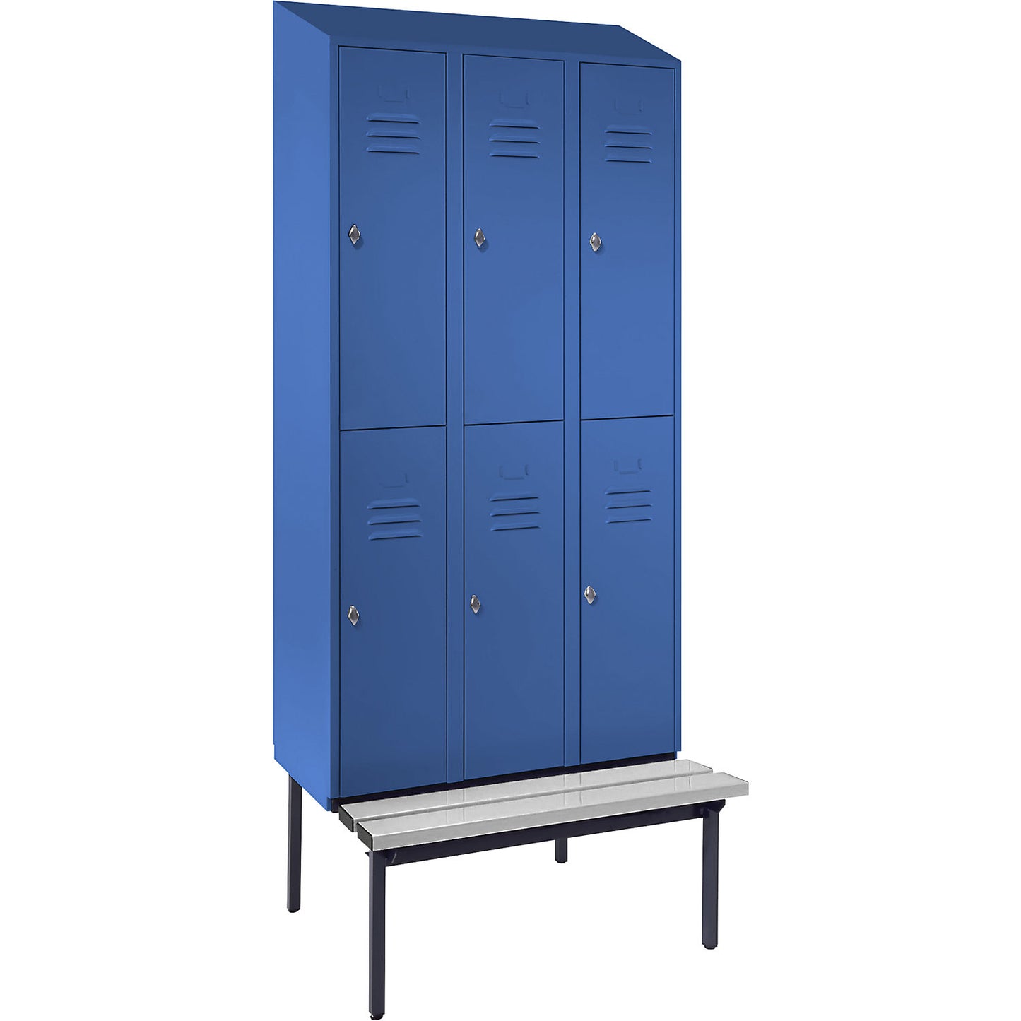 Berlin 2 double deck clothes locker with bench seat, 3 sections, light blue, width 900 mm, sloping roof shape.