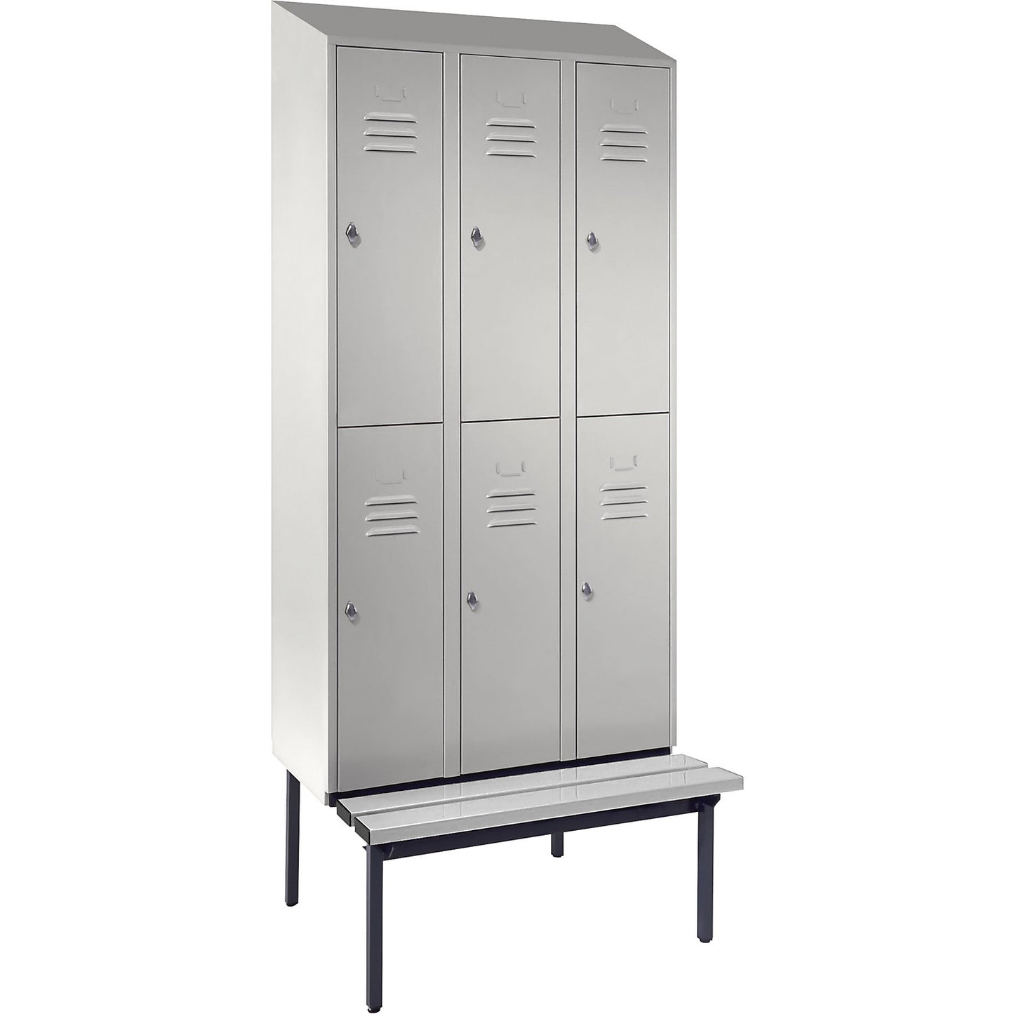Berlin 2 double deck clothes locker with bench seat, 3 sections, light grey, width 900 mm, sloping roof shape.