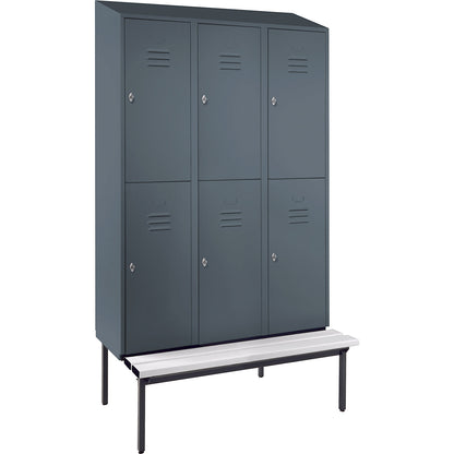 Berlin 2 double deck clothes locker with bench seat, 3 sections, blue grey, width 1200 mm, sloping roof shape.