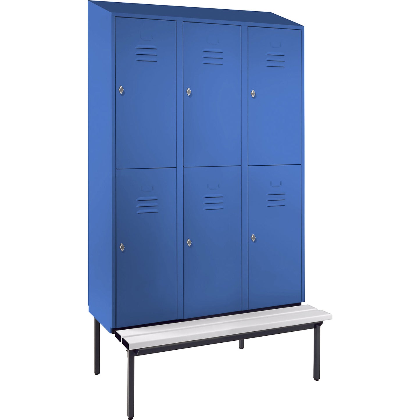 Berlin 2 double deck clothes locker with bench seat, 3 sections, light blue, width 1200 mm, sloping roof shape.