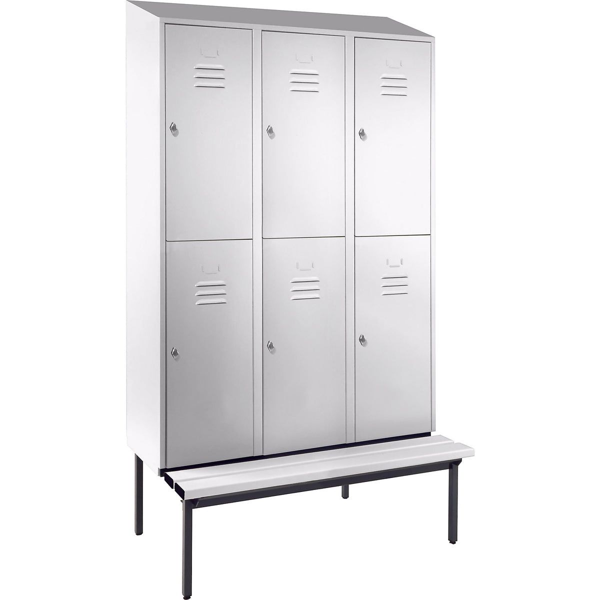Berlin 2 double deck clothes locker with bench seat, 3 sections, light grey, width 1200 mm, sloping roof shape.