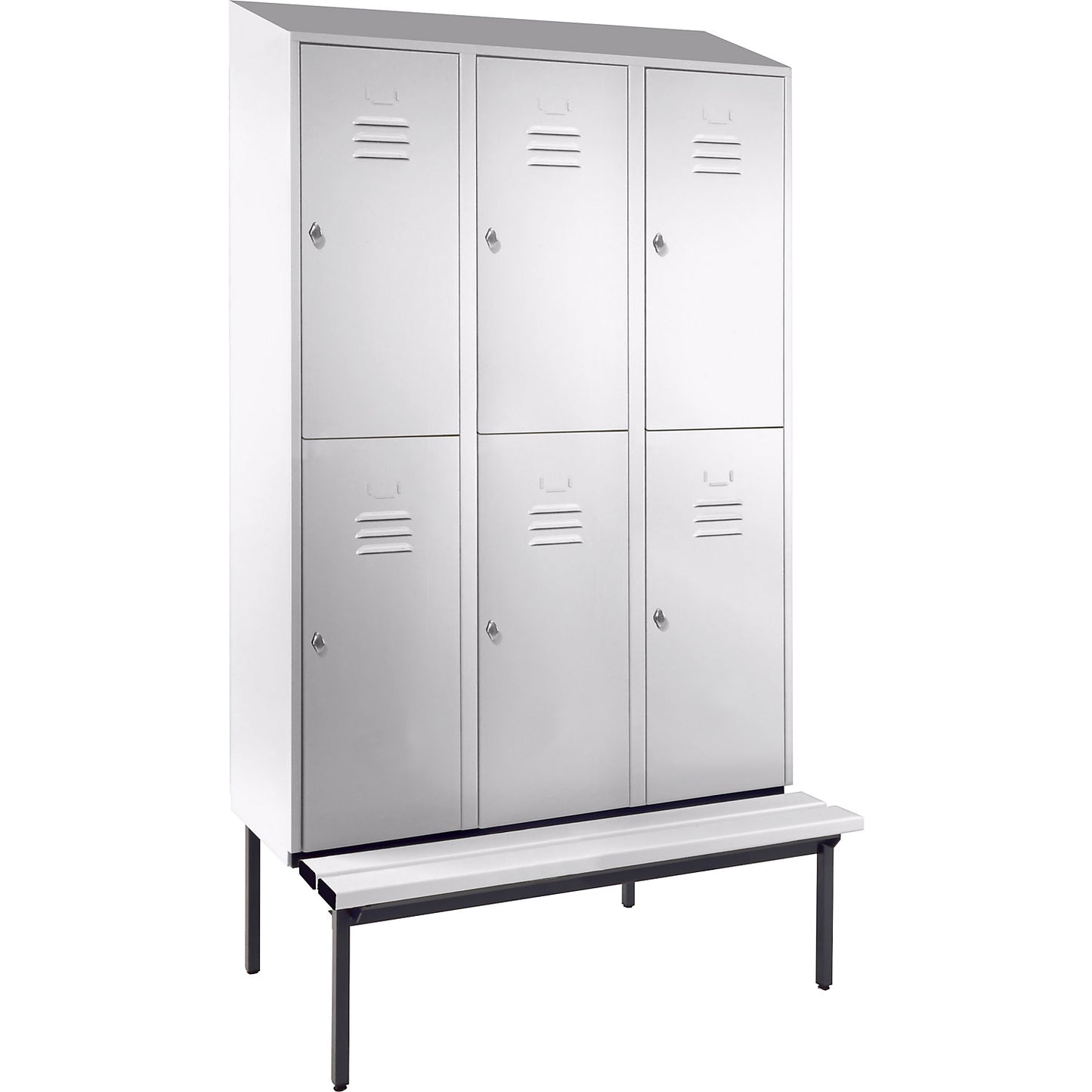 Berlin 2 double deck clothes locker with bench seat, 3 sections, light grey, width 1200 mm, sloping roof shape.
