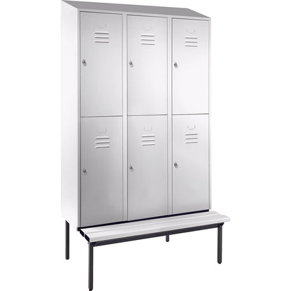 Berlin 2 double deck clothes locker with bench seat, 3 sections, light grey, width 1200 mm, sloping roof shape.