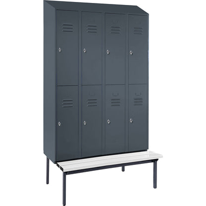 Berlin 2 double deck clothes locker with bench seat, 4 sections, blue grey, width 1200 mm, sloping roof shape.