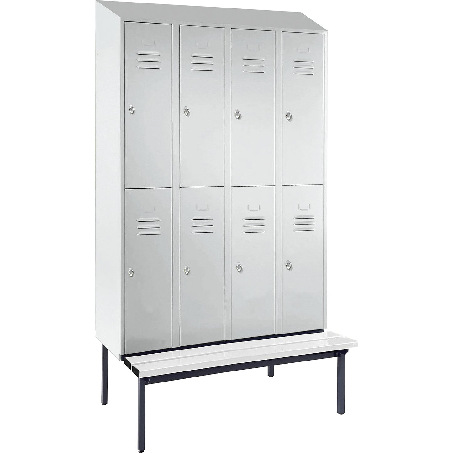 Berlin 2 double deck clothes locker with bench seat, 4 sections, light grey, width 1200 mm, sloping roof shape.