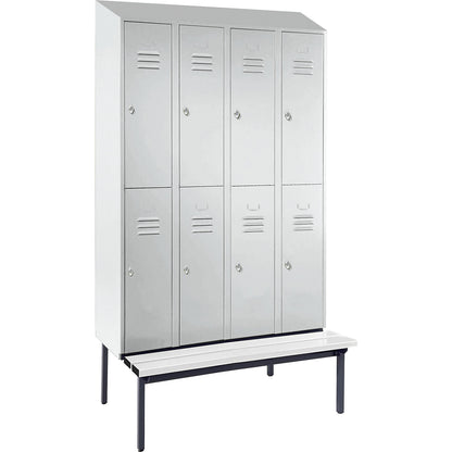 Berlin 2 double deck clothes locker with bench seat, 4 sections, light grey, width 1200 mm, sloping roof shape.