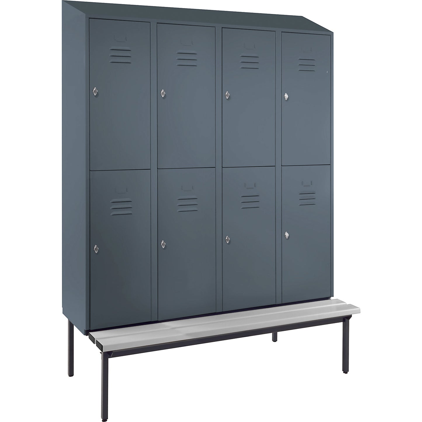 Berlin 2 double deck clothes locker with bench seat, 4 sections, blue grey, width 1600 mm, sloping roof shape.