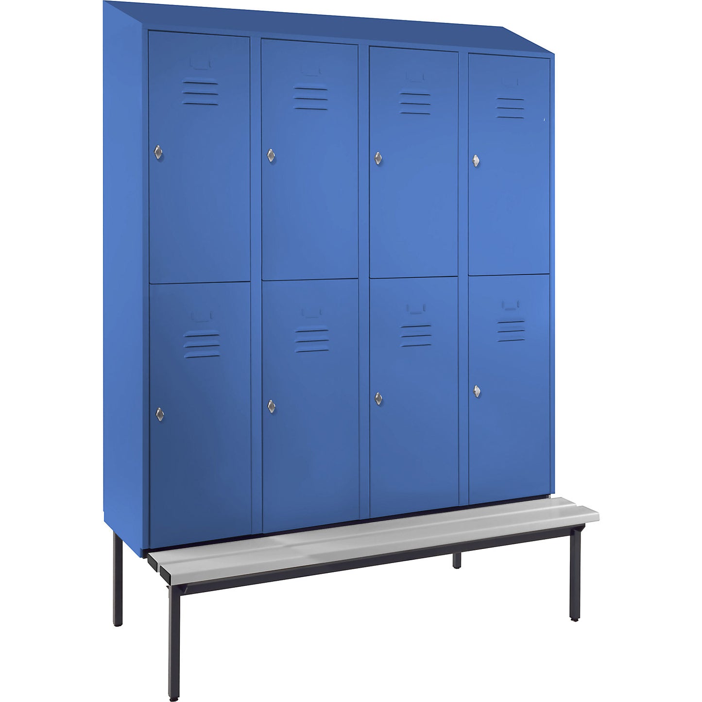 Berlin 2 double deck clothes locker with bench seat, 4 sections, light blue, width 1600 mm, sloping roof shape.