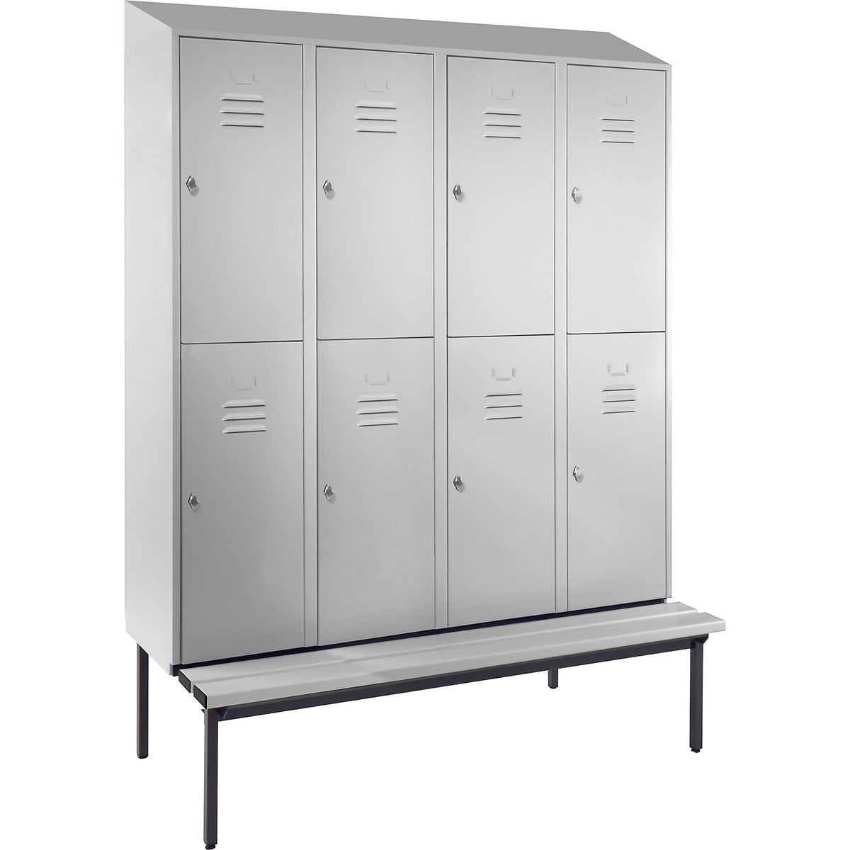 Berlin 2 double deck clothes locker with bench seat, 4 sections, light grey, width 1600 mm, sloping roof shape.