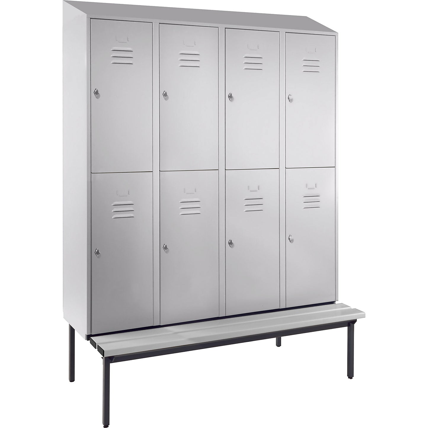 Berlin 2 double deck clothes locker with bench seat, 4 sections, light grey, width 1600 mm, sloping roof shape.