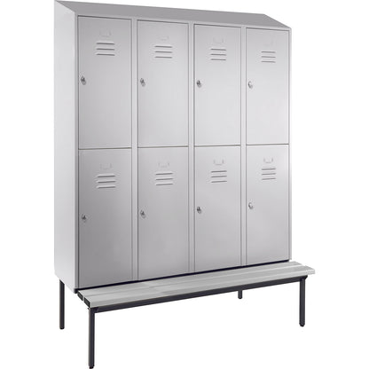 Berlin 2 double deck clothes locker with bench seat, 4 sections, light grey, width 1600 mm, sloping roof shape.