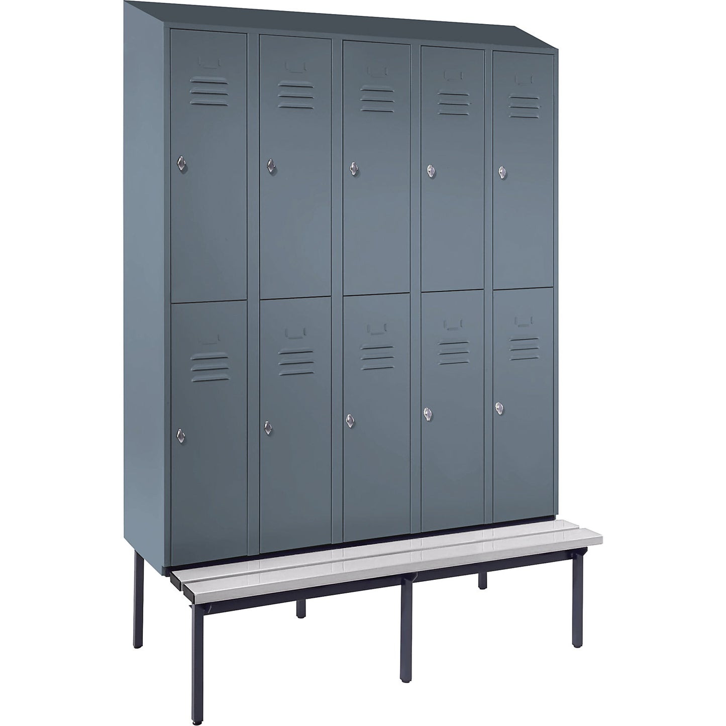 Berlin 2 double deck clothes locker with bench seat, 5 sections, blue grey, width 1500 mm, sloping roof shape.