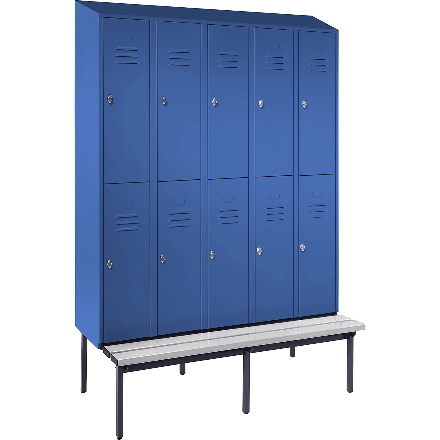 Berlin 2 double deck clothes locker with bench seat, 5 sections, light blue, width 1500 mm, sloping roof shape.