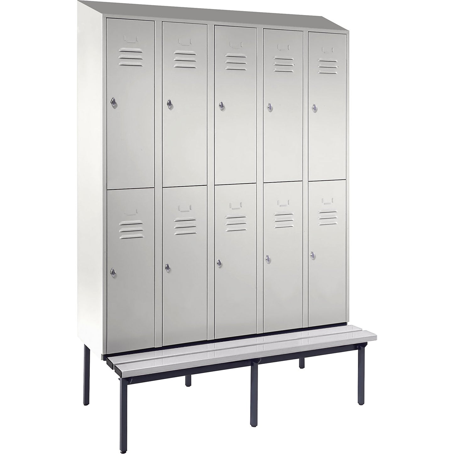 Berlin 2 double deck clothes locker with bench seat, 5 sections, light grey, width 1500 mm, sloping roof shape.