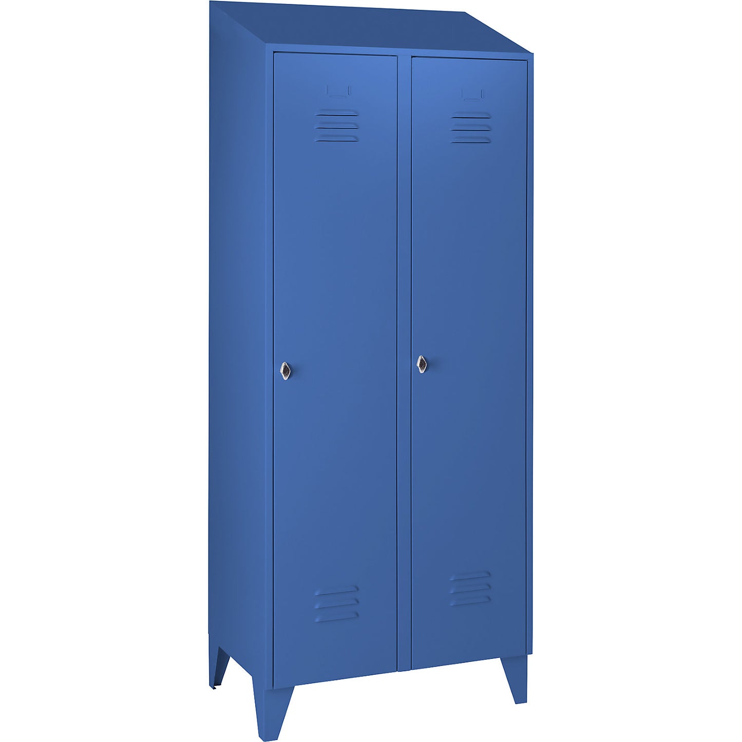 Berlin 2 clothes locker, 2 compartments, light blue, width 800 mm, sloping roof shape.