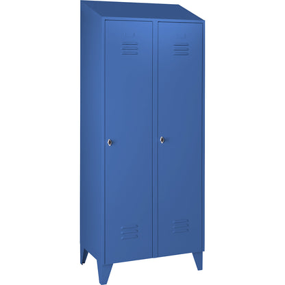 Berlin 2 clothes locker, 2 compartments, light blue, width 800 mm, sloping roof shape.