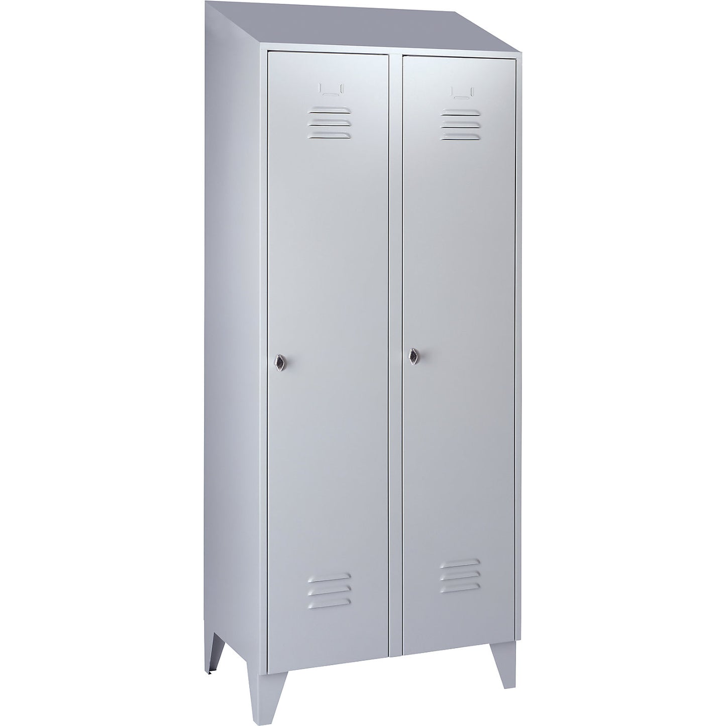 Berlin 2 clothes locker, 2 compartments, light grey, width 800 mm, sloping roof shape.