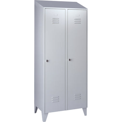 Berlin 2 clothes locker, 2 compartments, light grey, width 800 mm, sloping roof shape.