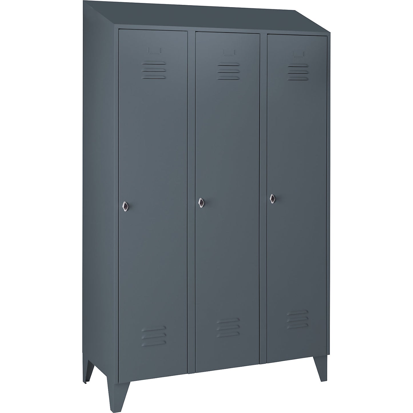 Berlin 2 clothes locker, 3 compartments, blue grey, width 1200 mm, sloping roof shape.