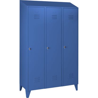 Berlin 2 clothes locker, 3 compartments, light blue, width 1200 mm, sloping roof shape.