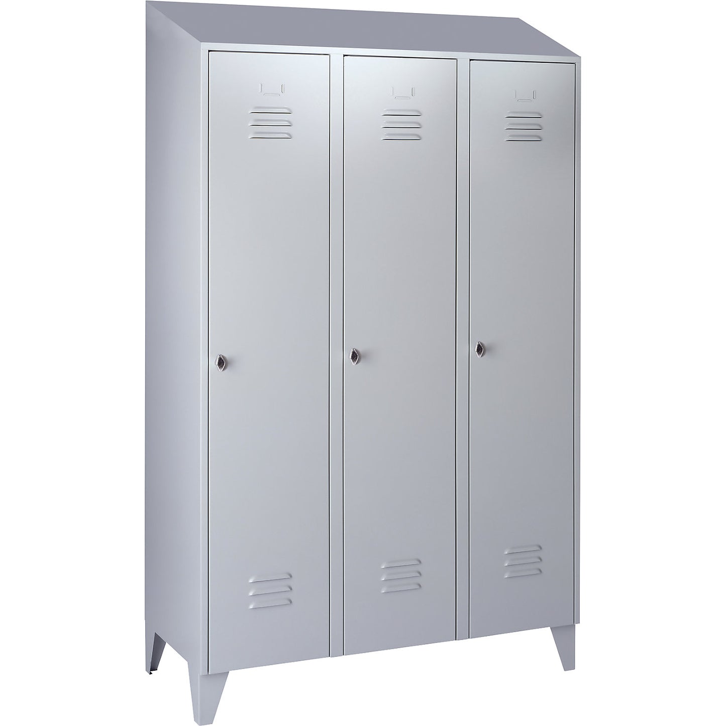 Berlin 2 clothes locker, 3 compartments, light grey, width 1200 mm, sloping roof shape.