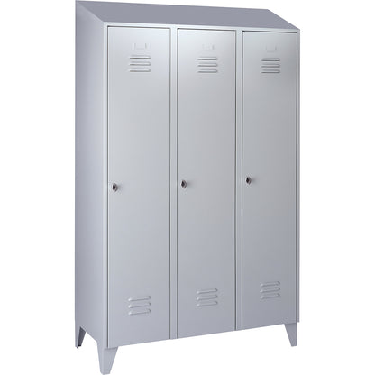 Berlin 2 clothes locker, 3 compartments, light grey, width 1200 mm, sloping roof shape.