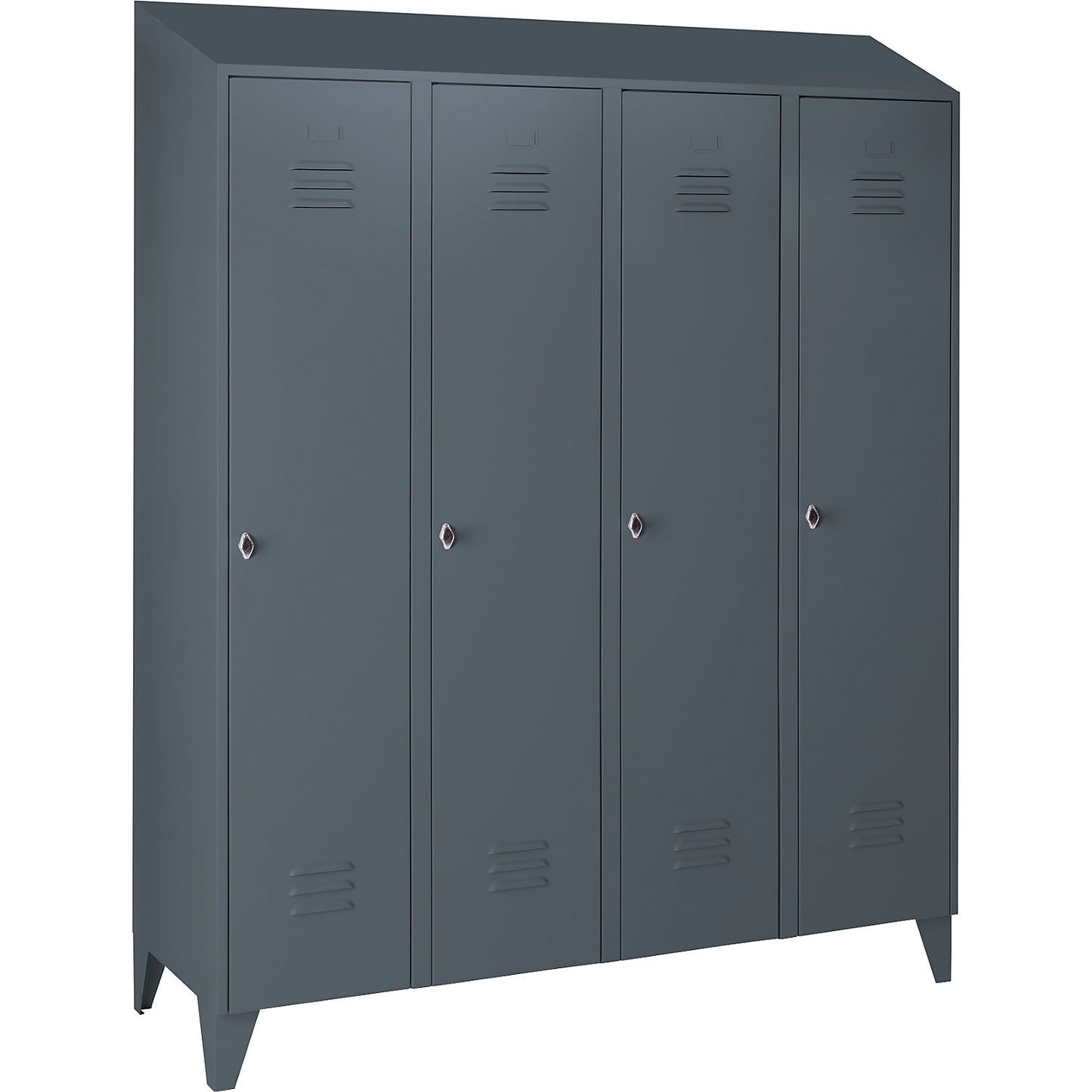 Berlin 2 clothes locker, 4 compartments, blue grey, width 1600 mm, sloping roof shape.