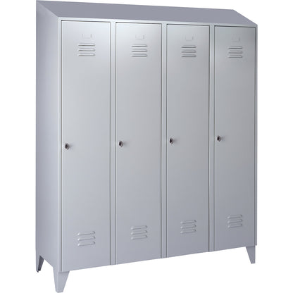 Berlin 2 clothes locker, 4 compartments, light grey, width 1600 mm, sloping roof shape.