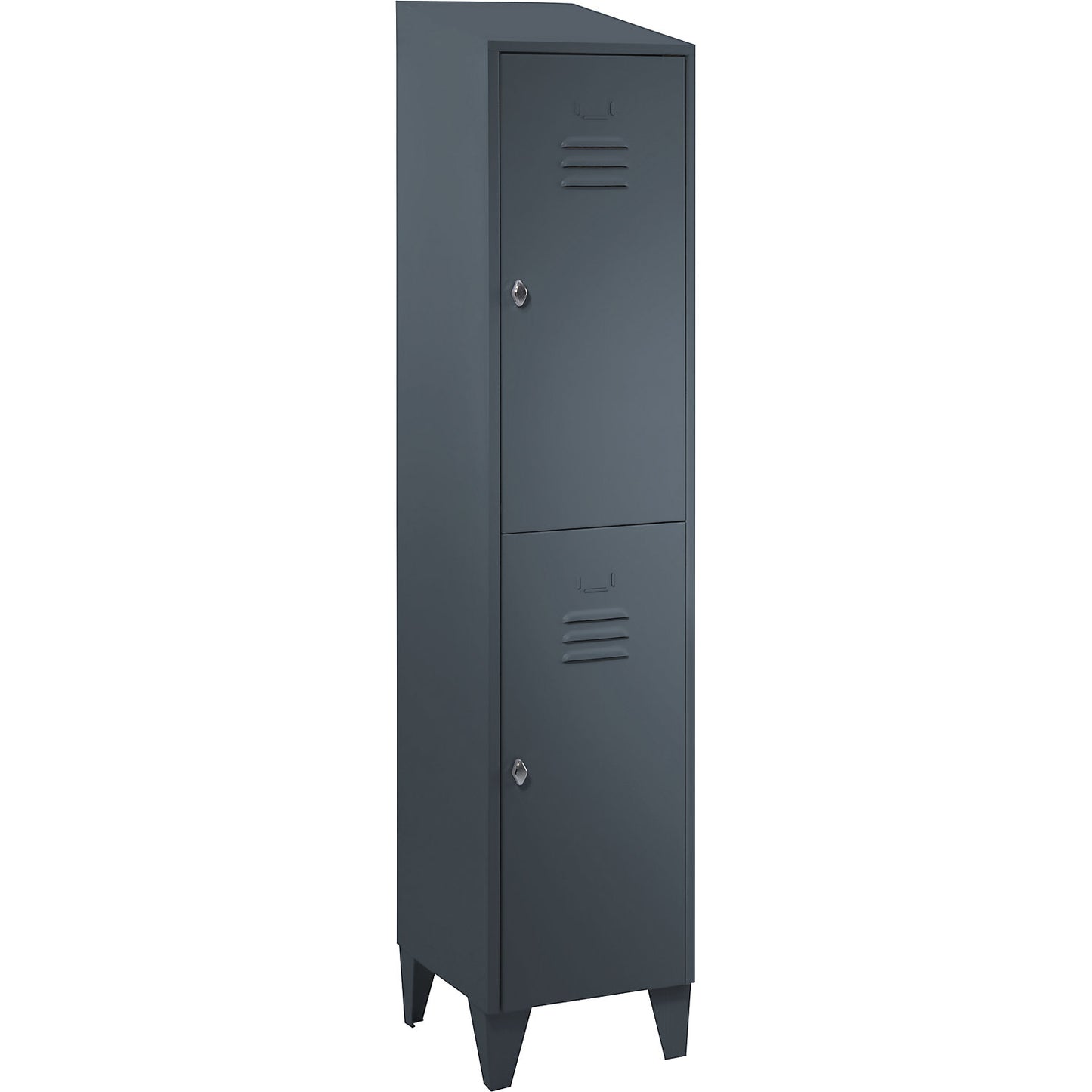 Berlin 2 double deck clothes locker, 1 compartment, blue grey, width 400 mm, sloping roof shape.