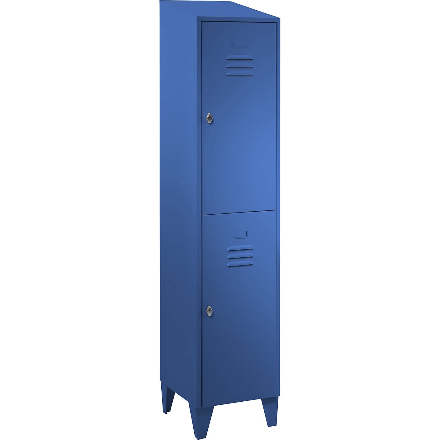 Berlin 2 double deck clothes locker, 1 compartment, light blue, width 400 mm, sloping roof shape.