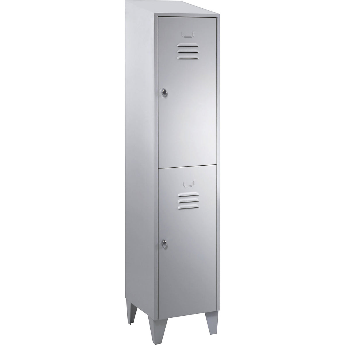 Berlin 2 double deck clothes locker, 1 compartment, light grey, width 400 mm, sloping roof shape.