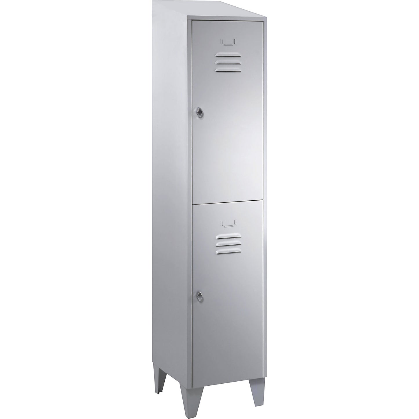 Berlin 2 double deck clothes locker, 1 compartment, light grey, width 400 mm, sloping roof shape.