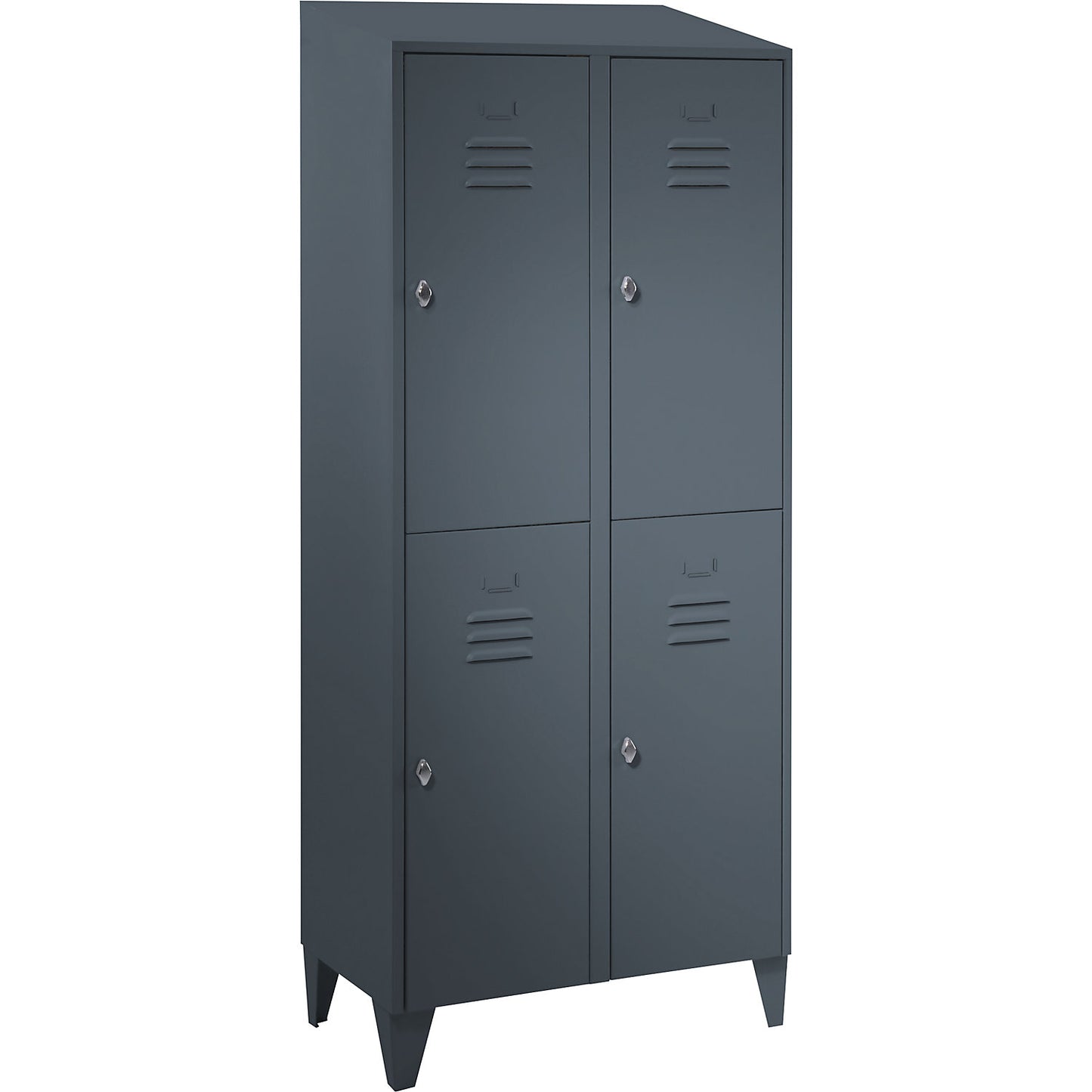 Berlin 2 double deck clothes locker, 2 compartments, blue grey, width 800 mm, sloping roof shape.