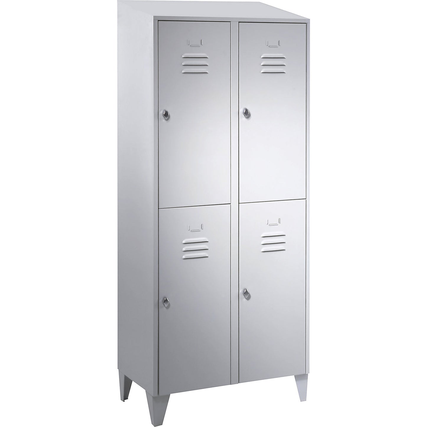 Berlin 2 double deck clothes locker, 2 compartments, light grey, width 800 mm, sloping roof shape.