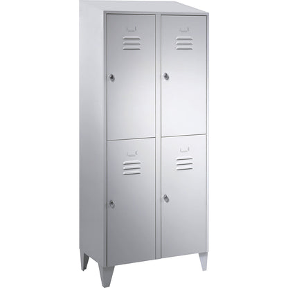 Berlin 2 double deck clothes locker, 2 compartments, light grey, width 800 mm, sloping roof shape.
